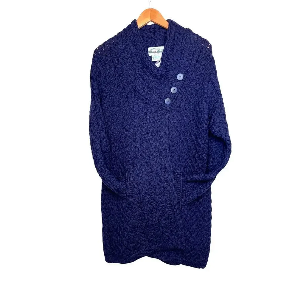 Aran Crafts 100% Merino Wool Cable Knit Coatigan in Navy Blue Women’s Large